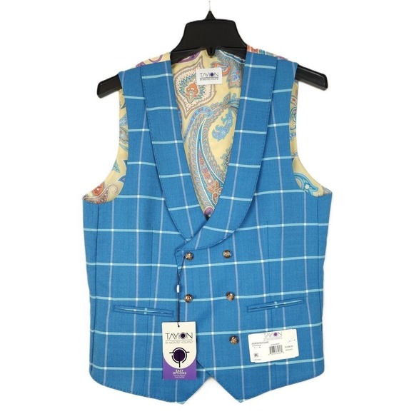 Tayion Classic-Fit Stretch Wool Blend Suit Vest Blue/Cream Windowpane Small NWT - Picture 1 of 3